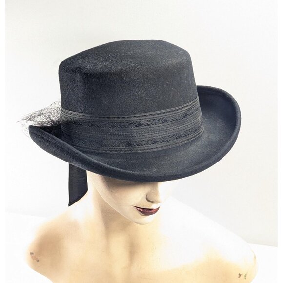 Vintage Women's Riding Top Hat, Black wool Italian Regency hat for women, - Picture 2 of 10